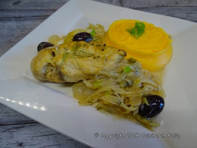 Sauté de poulet au fenouil, raisin blond, olives de Volos et Pastis