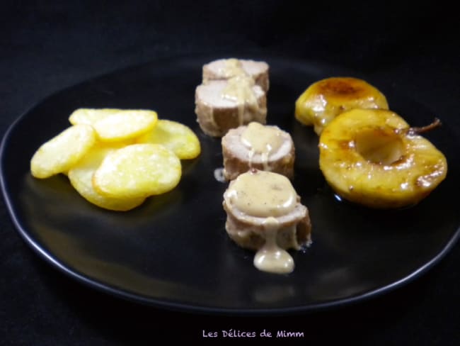 Filet pur de porc ibérique au cidre, pommes confites au miel