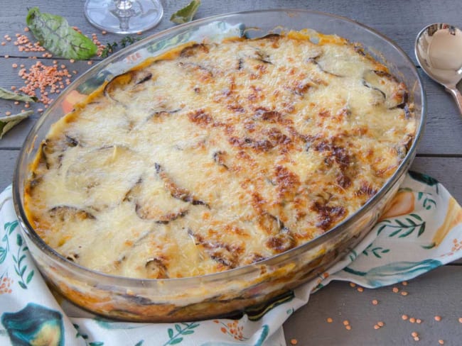 Moussaka aubergines lentilles corail sans viande