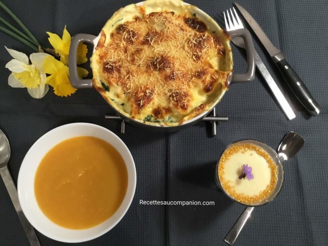 Votre menu de l’entrée au dessert, velouté de légumes œufs florentine crème dessert sans œuf chocolat blanc