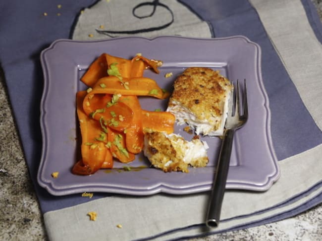 Filet de poisson turbot en crumble d'agrumes et rubans de carottes aux épices