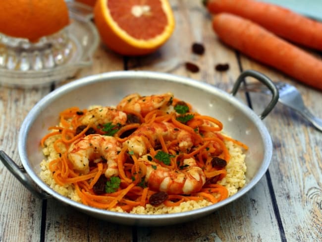 Gambas à l'orange et spaghetti de carottes