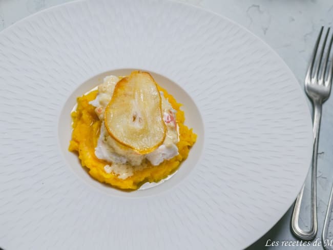 Plat de Noël : cabillaud, sauce au beurre blanc gingembre et poire et sa purée de potimarron