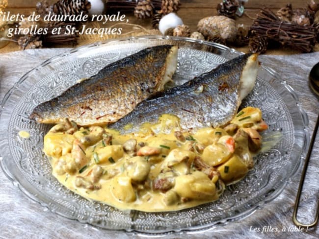 Filets de daurade royale aux girolles et noix de Saint-Jacques, sauce safranée