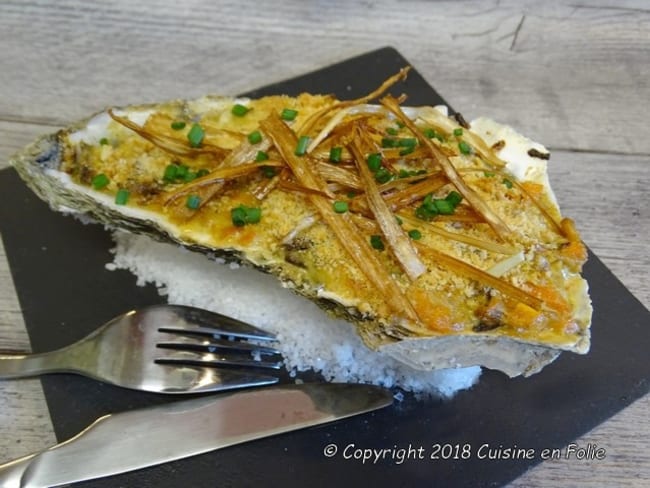 Huître gratinée gingembre, soja, chanterelles