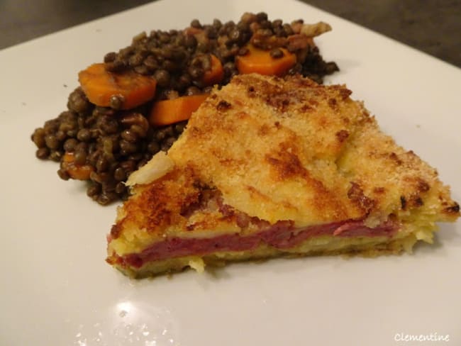 Gattò di patate e cotechino con lenticchie : un gâteau de pommes de terre au cotechino et lentilles