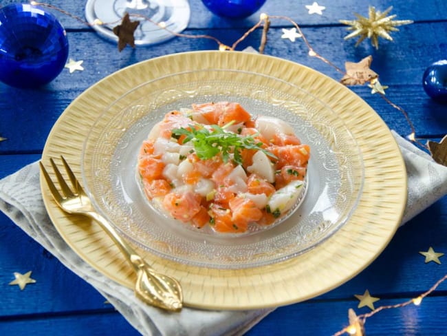 Tartare de st Jacques et saumon relevé au gingembre frais