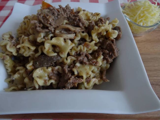 Pâtes au bœuf, tomates séchées et champignons à la crème