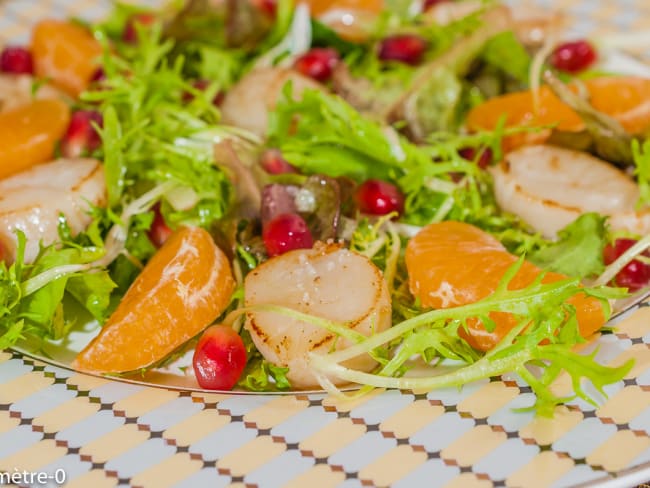 Salade de mesclun, saint jacques, clémentine et grenade