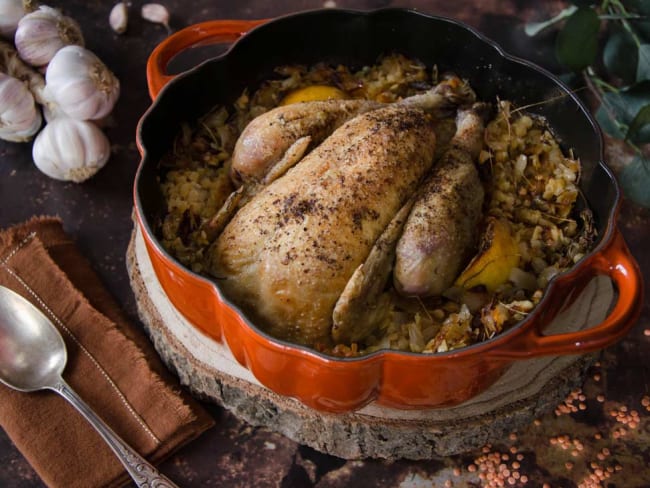 Poulet aux lentilles corail en cocotte