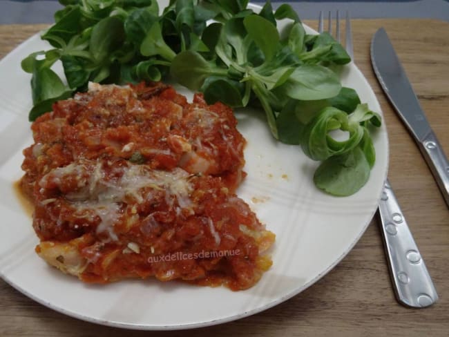 Cannellonis de jambon à la ricotta, gratinés sauce tomate