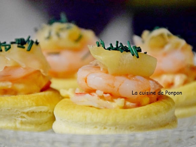 Amuse bouche aux crevettes, moutarde à la clémentine et spiruline