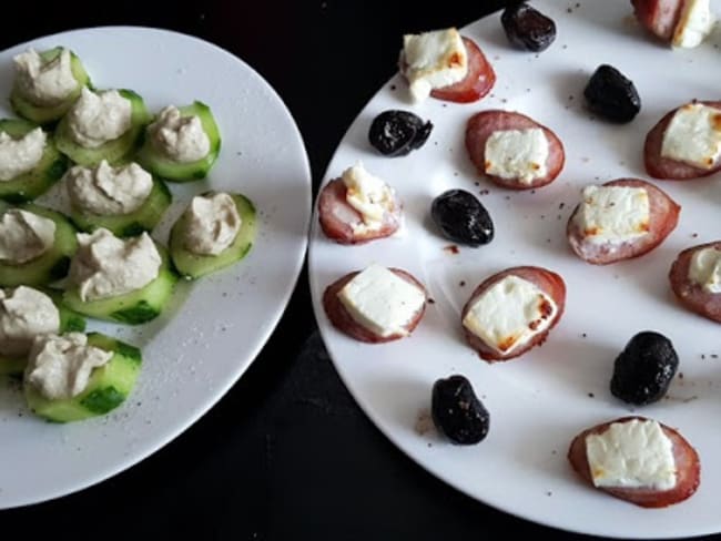 Concombre apéritif au caviar d'aubergines et Saucisse fumée grillée au feta 