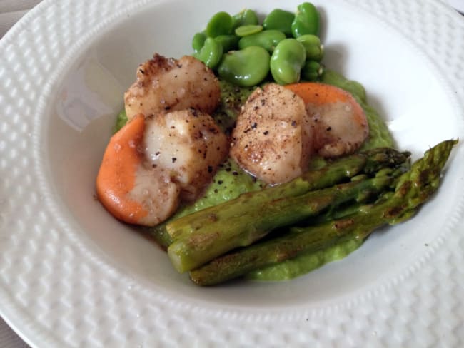 Coquilles saint jacques sur crème de petits pois, fèves et asperges