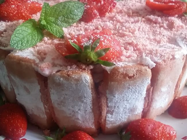 Charlotte girly aux fraises, framboises et biscuits roses de Reims