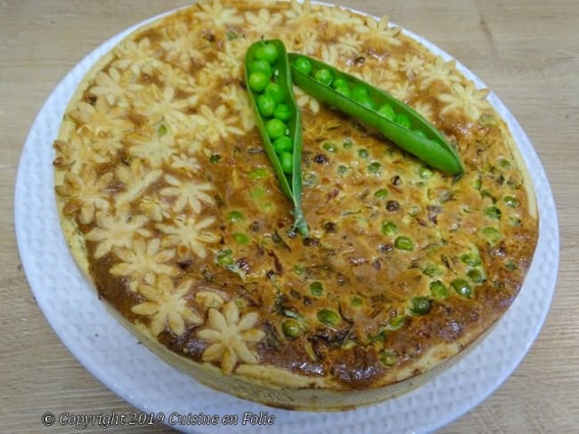 Tarte aux petits pois, origan, menthe et canard fumé