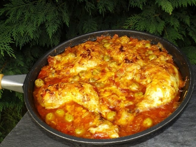 Poulet aux tomates gratiné à la poêle