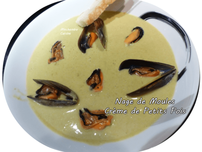 Nage de moules, crème de petits pois