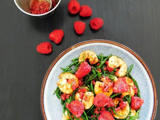 Salade tiède de salicorne crevettes et vinaigrette de framboises