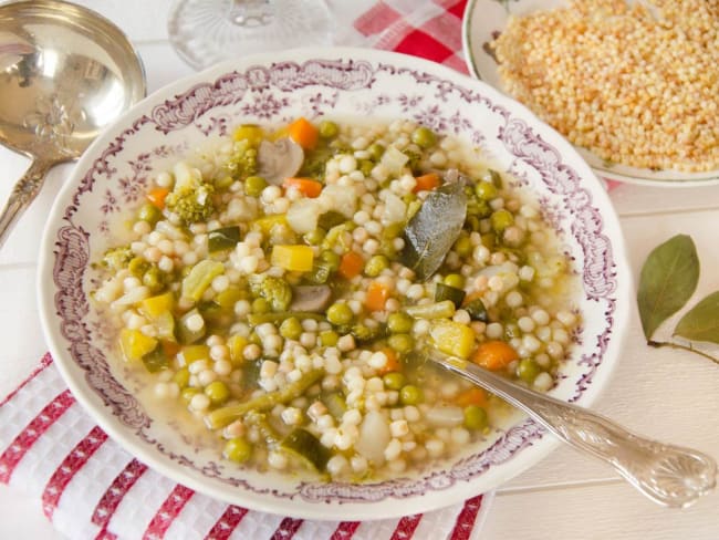 Minestrone de légumes et fregola sarda