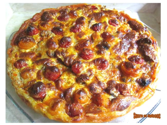 Tarte aux tomates cerises, champignons et chorizo