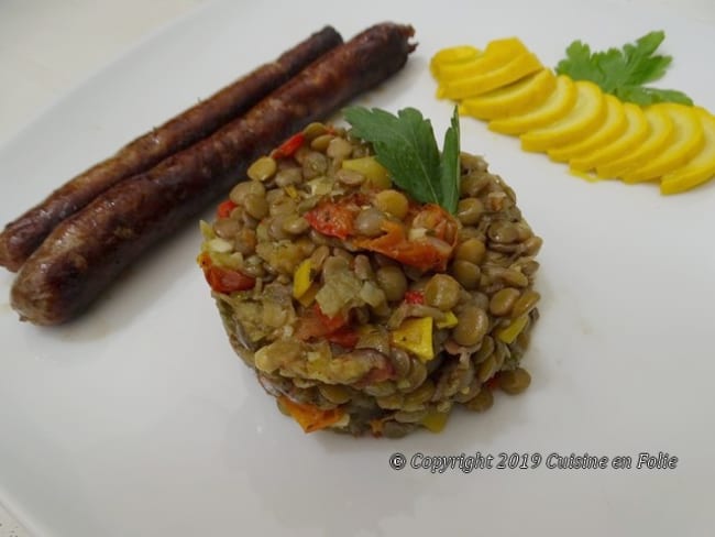 Lentilles blondes, courgette jaune, tomates confites et ventrèche