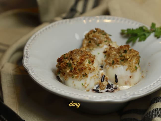 Noix de st-Jacques en chapelure de lard et crème de cancoillotte