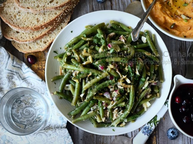 Salade de haricots verts, oignons rouges et thon