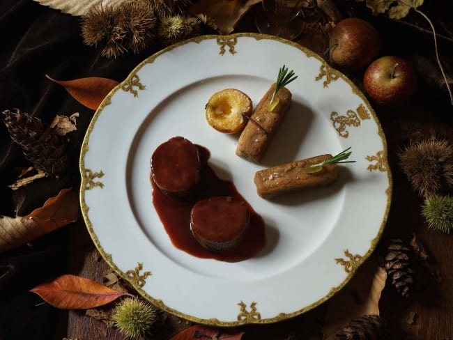 Filet de sanglier à la feuille de châtaignier et pulenda