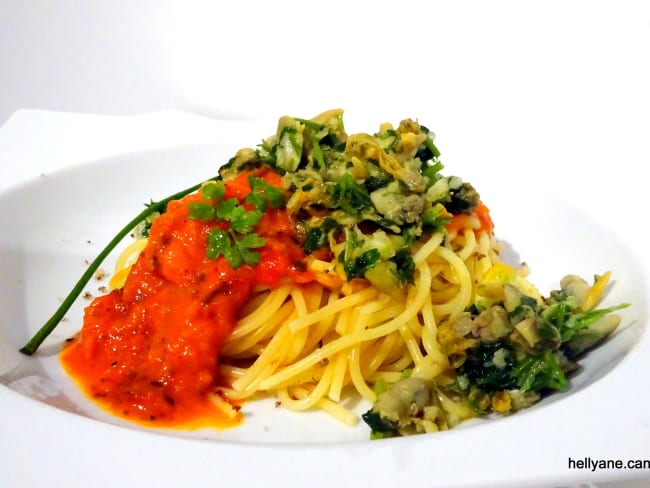 Spaghetti au confit 3 légumes avec des coques à la persillade