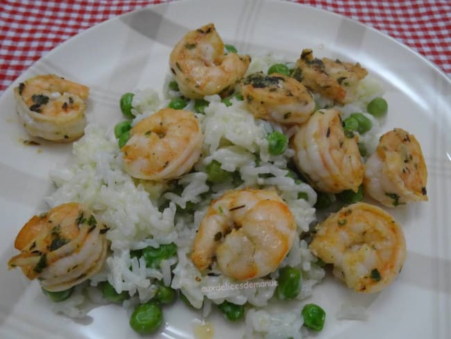 Crevettes marinées et risotto aux petits-pois et mozzarella