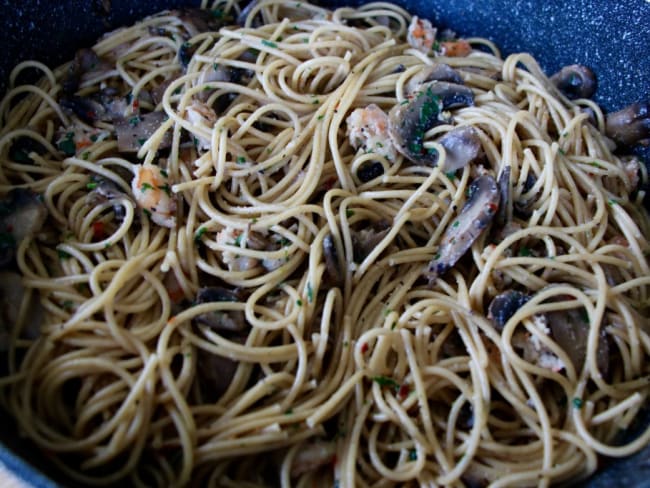 Spaghetti aux Champignons & Crevettes