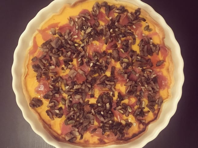 Tarte au potiron, champignons et jambon cru