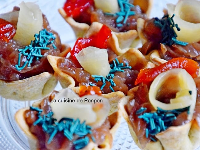 Amuse bouche au confit d'oignon, raifort et gingembre, sans cuisson, végétarien