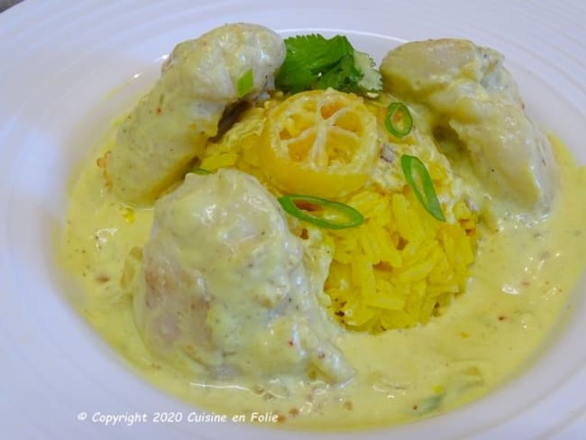 Joues de lotte à la crème de noix de coco et au citron, limequat et riz au curcuma