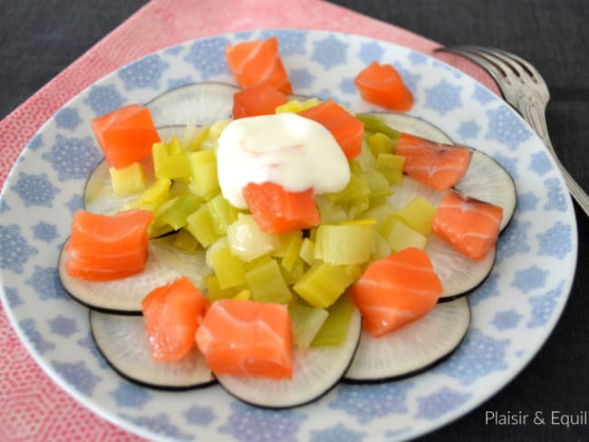 Salade de poireaux et radis noir au saumon gravlax