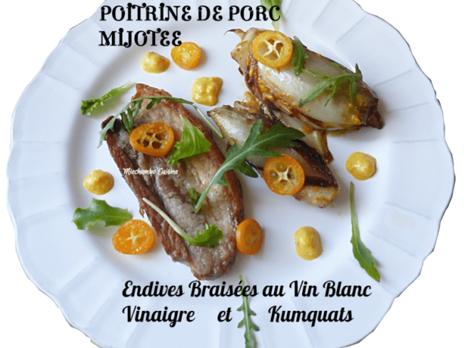 Poitrine de cochon mijotée, vinaigre, kumquat et endives blanches