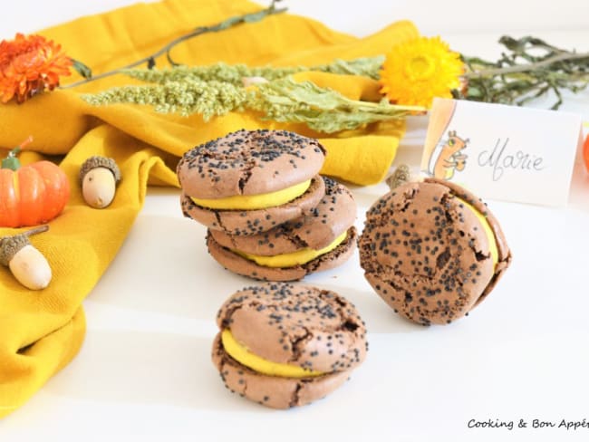 🍂Macarons rustiques choco-courge, coeur cranberry 🍂