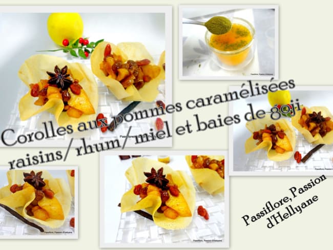 Corolles aux pommes caramélisées avec des raisins secs/rhum et des baies de goji 