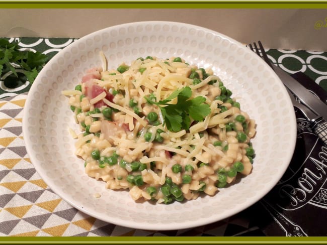 Crozetto à la poitrine fumée et petits pois