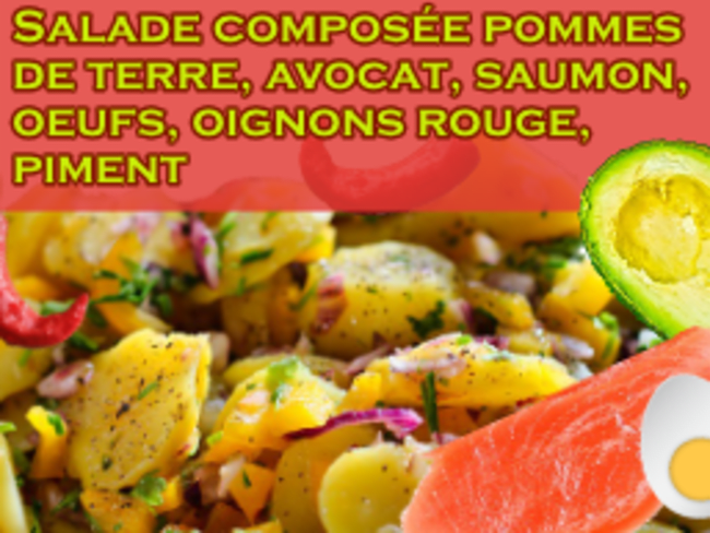 Salade composée aux pommes de terre, saumon fumé, avocats, oeufs, piments