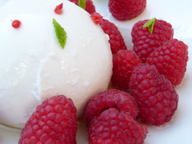 Burrata, framboises, menthe et sauce au miel et fleur d'oranger