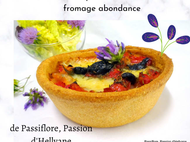 Quiche feuilletée aux poivrons rouges, tomates, olives noires et fromage abondance