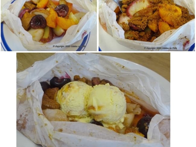 Papillote de fruits de saison, version crumble, version nature et version boules de glace