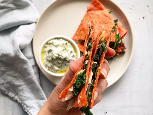 Quesadillas aux épinards, chou frisé feta