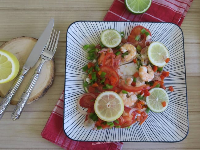 Papillote de cabillaud et crevettes aux deux citrons, tomate et poivrons