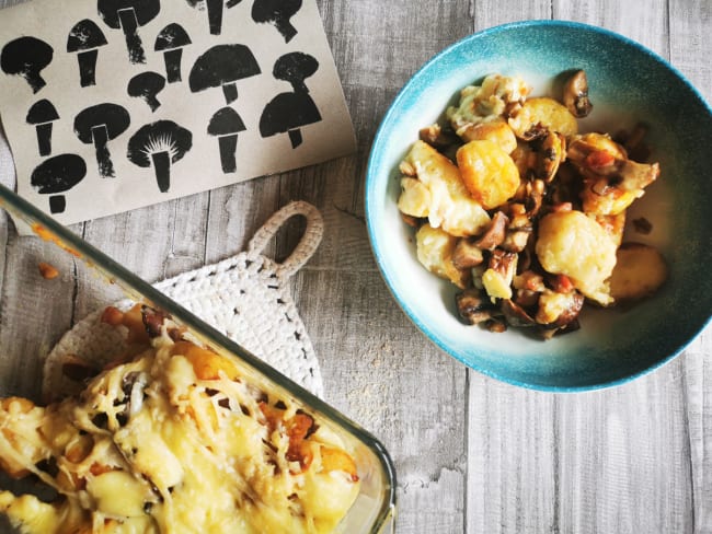 Gnocchis maison gratinés à la pancetta et aux champignons de Paris