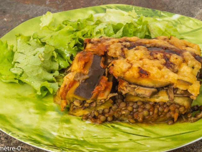 Moussaka d'aubergines aux lentilles et champignons