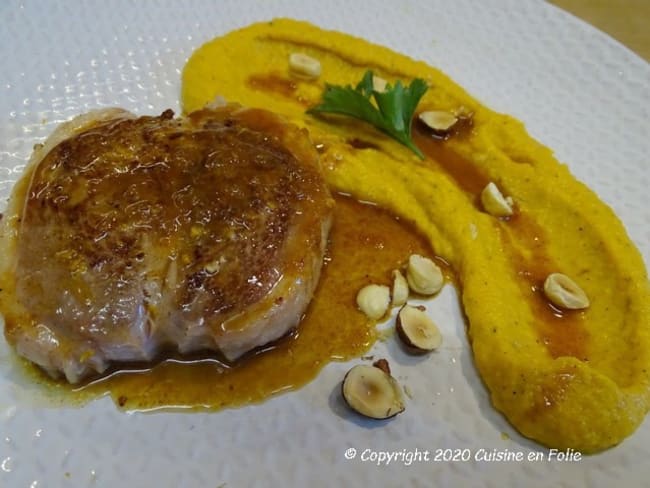 Tournedos de canard, réduction à l'orange et purée de carottes