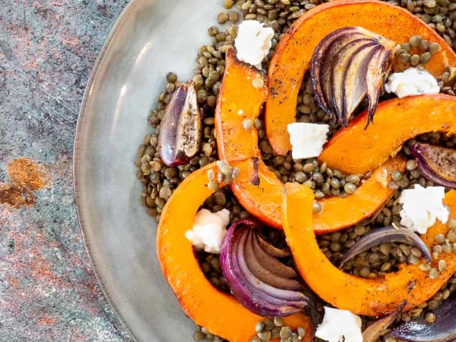 Potimarron rôti aux lentilles et au gorgonzola